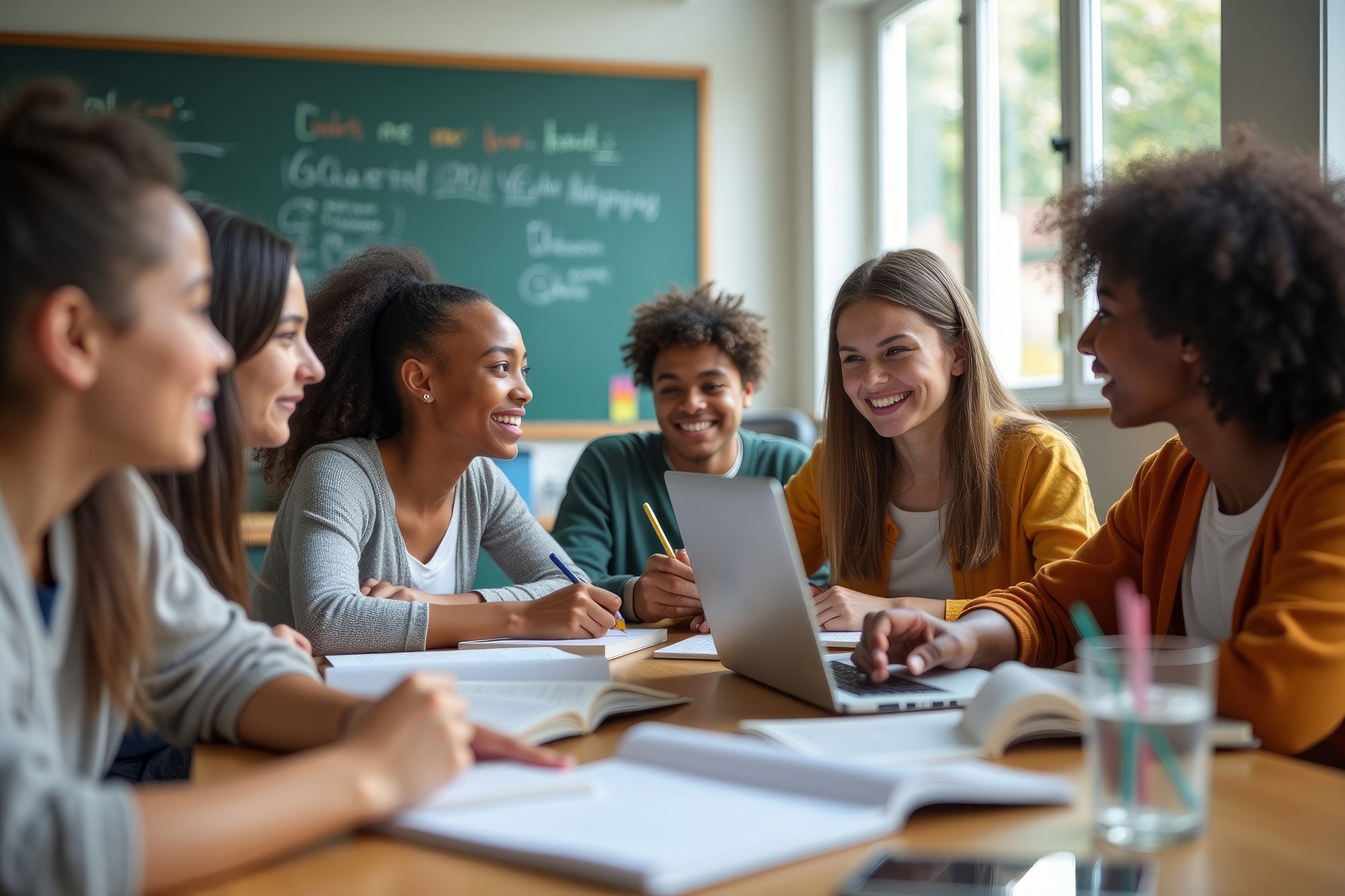 Group of students in class smiling